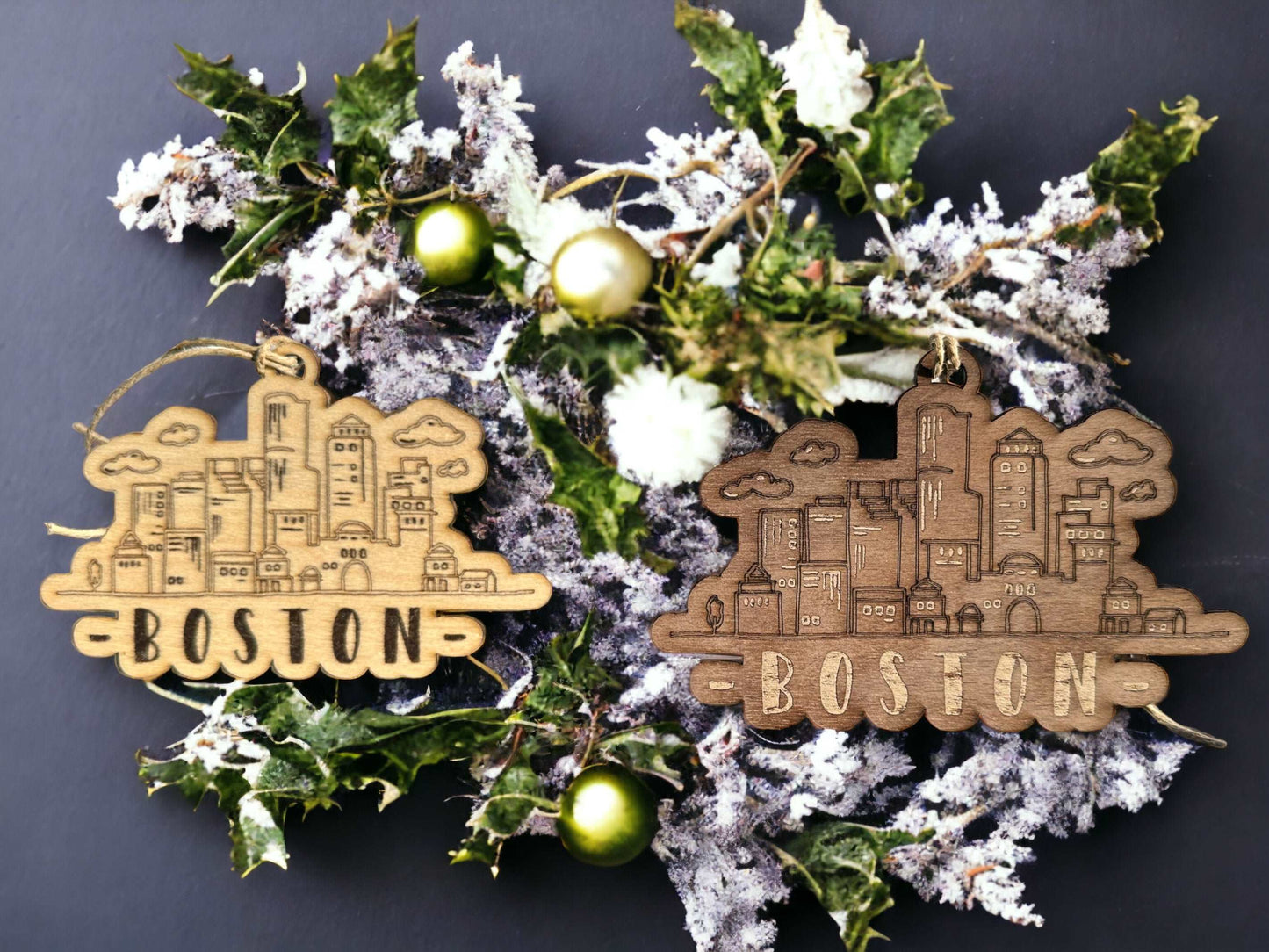 Boston Skyline Christmas Ornament - Laser-Engraved Maple or Walnut Wood - Limited Edition Holiday Decor - Boston Print Co.