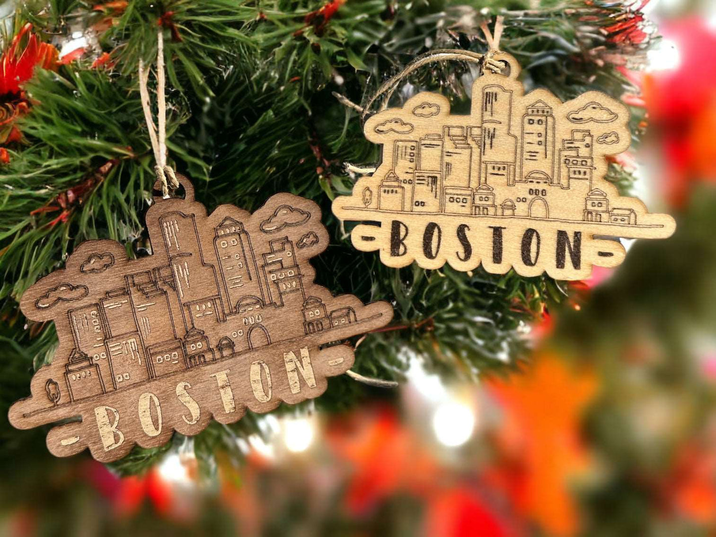 Boston Skyline Christmas Ornament - Laser-Engraved Maple or Walnut Wood - Limited Edition Holiday Decor - Boston Print Co.