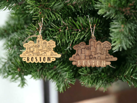 Boston Skyline Christmas Ornament - Laser-Engraved Maple or Walnut Wood - Limited Edition Holiday Decor - Boston Print Co.