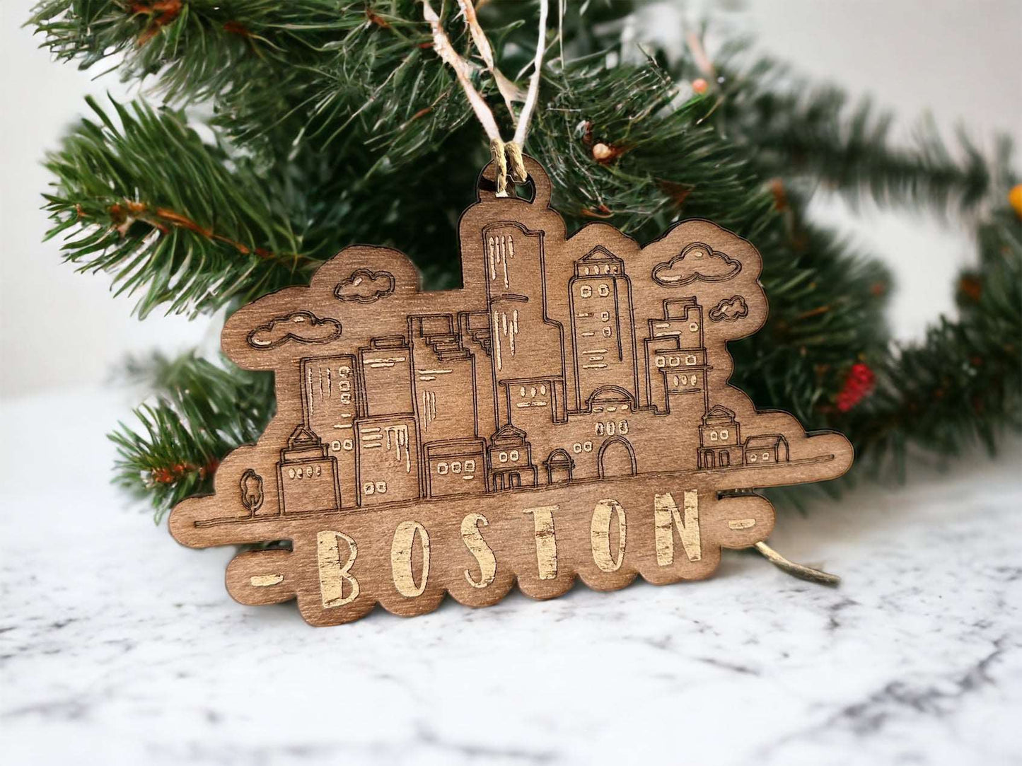 Boston Skyline Christmas Ornament - Laser-Engraved Maple or Walnut Wood - Limited Edition Holiday Decor - Boston Print Co.