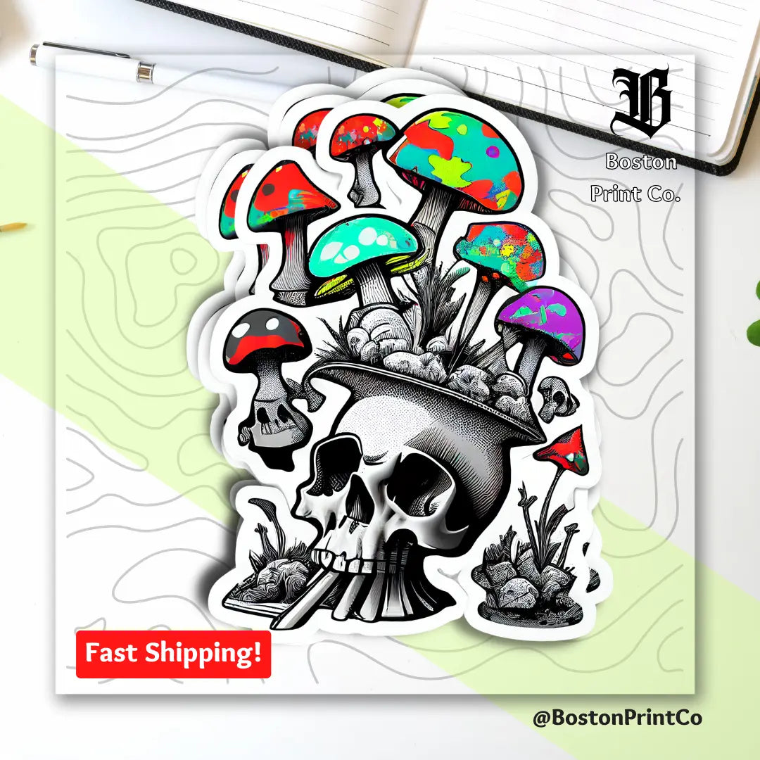 Skull with Mushrooms Premium Vinyl Decal Sticker - Perfect for Laptops, Water Bottles, Skateboards, and More! - Boston Print Co.