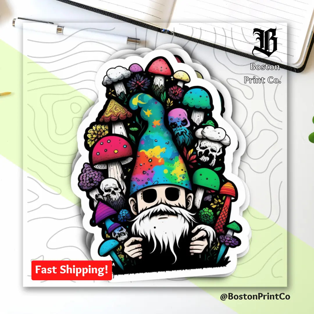 Trippy Psychedelic Gnome Sticker - Colorful Vinyl Decal with Mushrooms and Skulls - Boston Print Co.