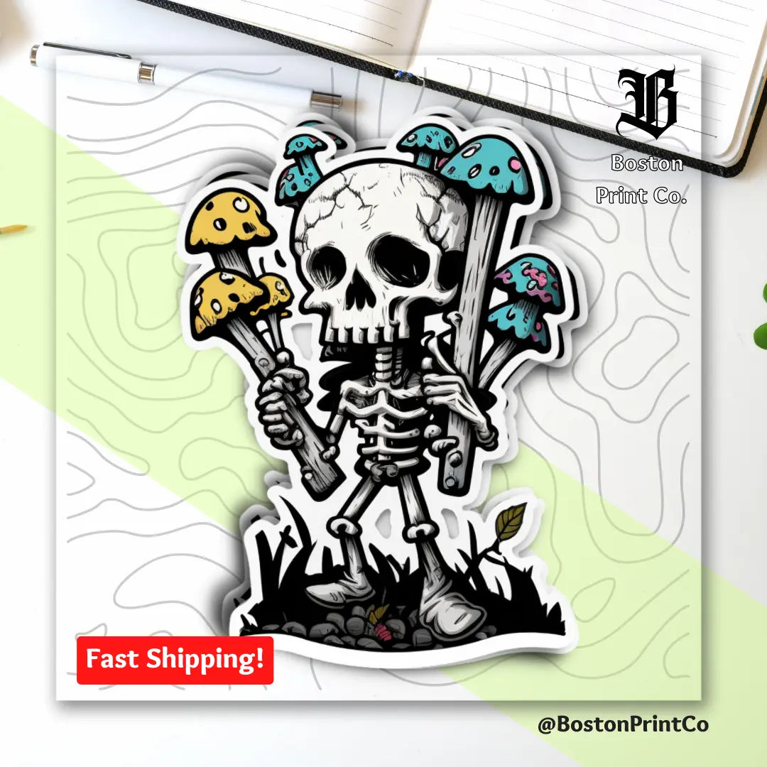 Trippy Skeleton Mushroom Sticker - Waterproof & Scratch-Resistant Vinyl Decal for Psychedelic Art Enthusiasts - Boston Print Co.