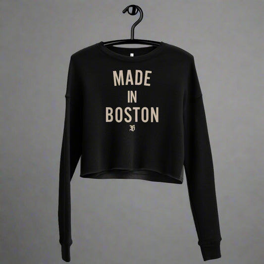 "Made in Boston" crop top, 52% airlume combed and ring-spun cotton, 48% poly fleece, cropped body with raw hem, ribbed crew neckline, and dropped shoulder cut.