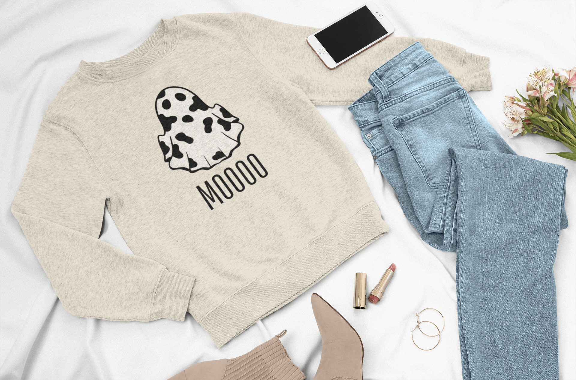 Halloween MOOOO Ghost Cow Sweatshirt | Cute & Cozy - Boston Print Co. 