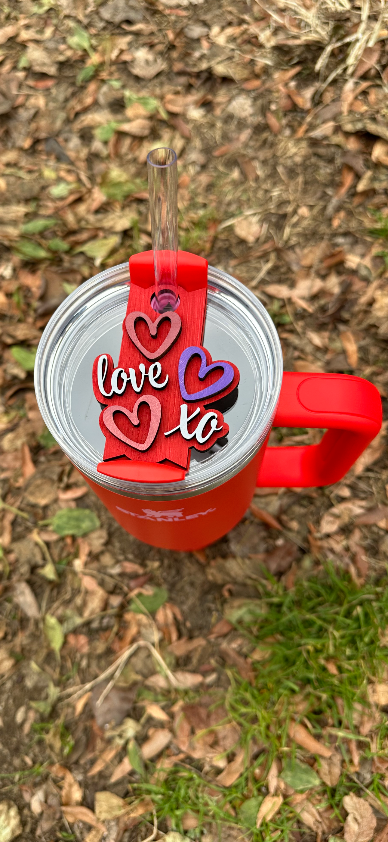 Valentine’s Day Wooden Tumbler Topper - XO & Love in Radiant Red Hues | Handcrafted Stanley 40oz Accessory