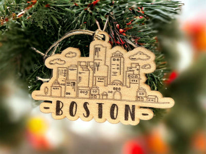 Boston Skyline Christmas Ornament - Laser-Engraved Maple or Walnut Wood - Limited Edition Holiday Decor - Boston Print Co. hanging on tree