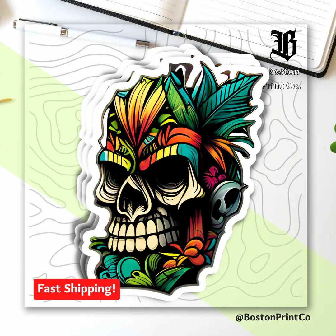 Tiki Themed Skull Sticker - Vibrant Hawaiian Colors on Waterproof Vinyl Decal - Boston Print Co. 