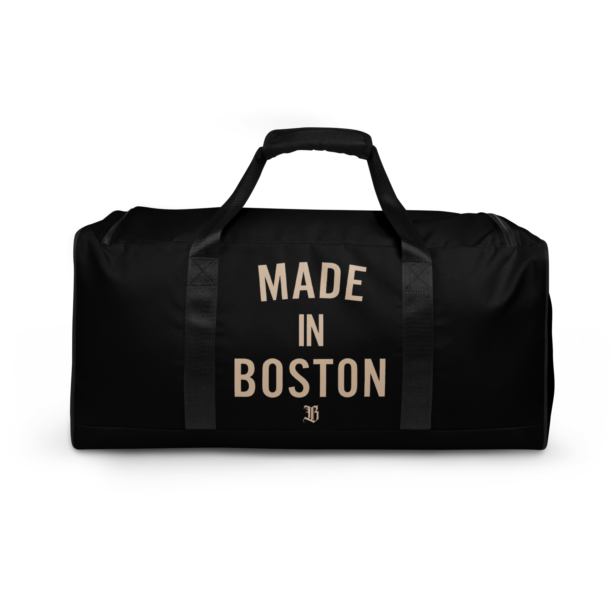 "Made in Boston" duffle bag, 100% polyester, adjustable padded shoulder strap, dual padded handles, mesh side pocket, and multiple inside pockets.