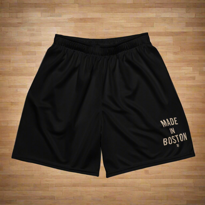 "Made in Boston" mesh shorts, lightweight and breathable, elastic waistband with drawstring, side pockets, and durable construction.