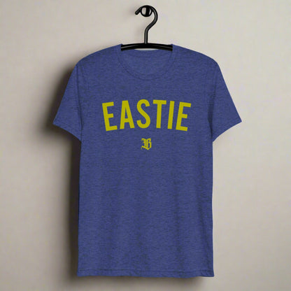 "Eastie" blue and gold t-shirt, 50% polyester, 25% combed ring-spun cotton, 25% rayon, lightweight fabric, pre-shrunk, regular fit, side-seamed construction.