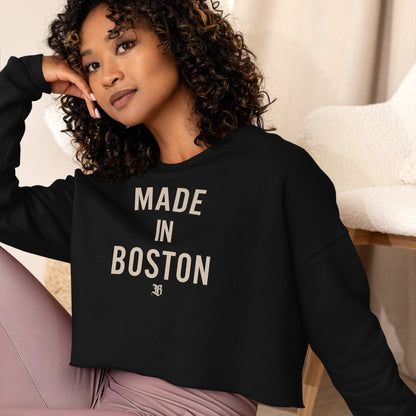 "Made in Boston" crop top, 52% airlume combed and ring-spun cotton, 48% poly fleece, cropped body with raw hem, ribbed crew neckline, and dropped shoulder cut.