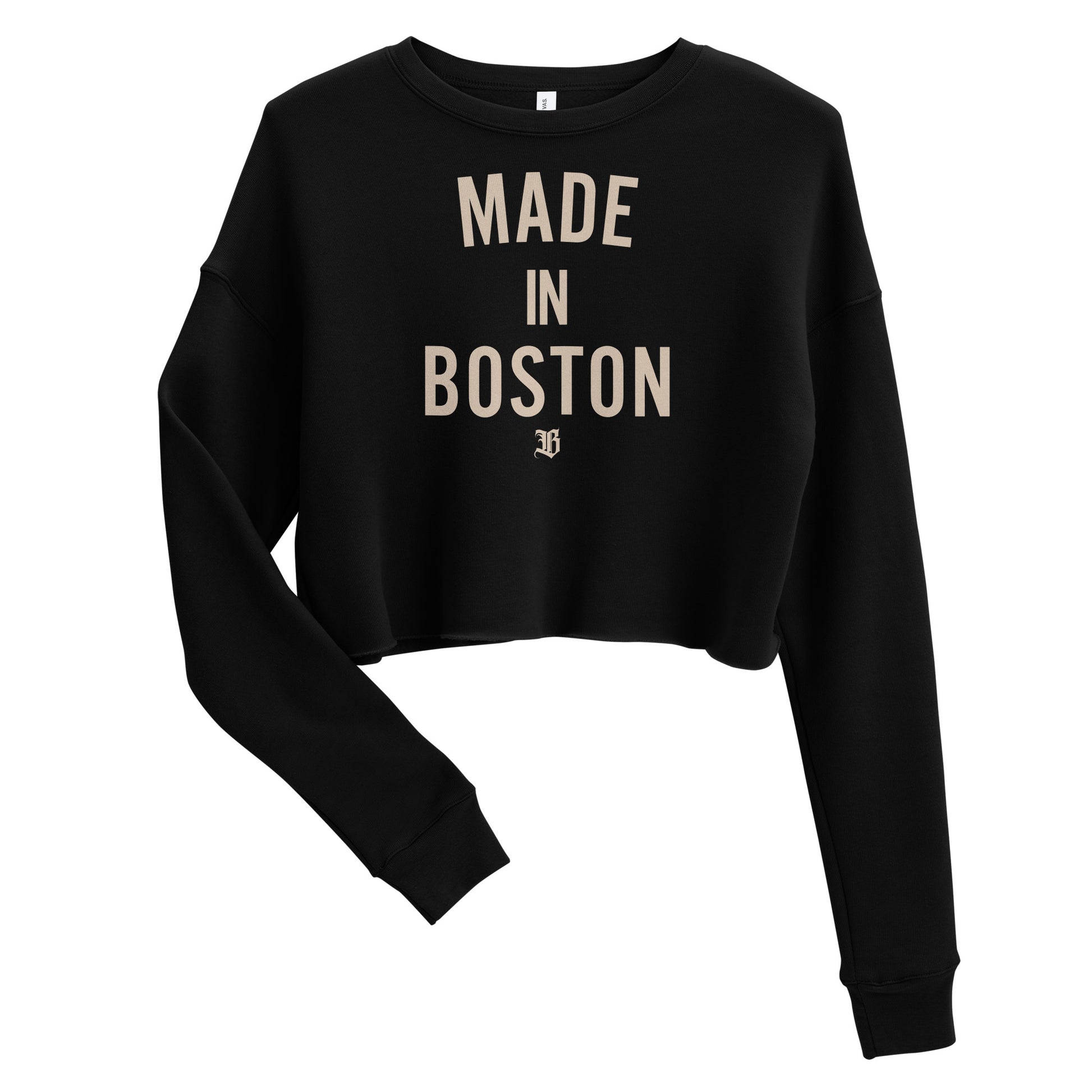 "Made in Boston" crop top, 52% airlume combed and ring-spun cotton, 48% poly fleece, cropped body with raw hem, ribbed crew neckline, and dropped shoulder cut.