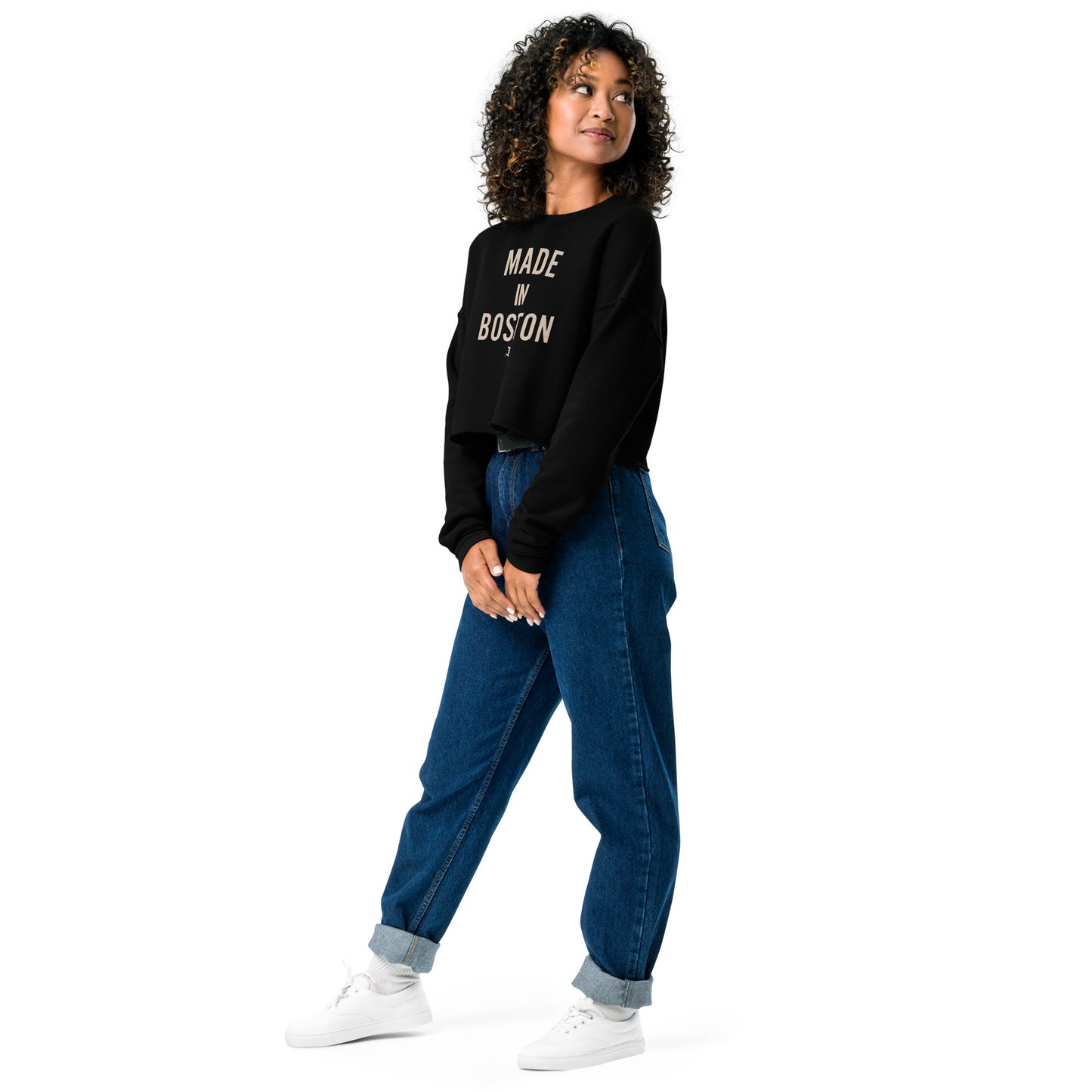 "Made in Boston" crop top, 52% airlume combed and ring-spun cotton, 48% poly fleece, cropped body with raw hem, ribbed crew neckline, and dropped shoulder cut.