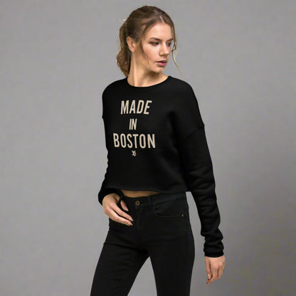 "Made in Boston" crop top, 52% airlume combed and ring-spun cotton, 48% poly fleece, cropped body with raw hem, ribbed crew neckline, and dropped shoulder cut.