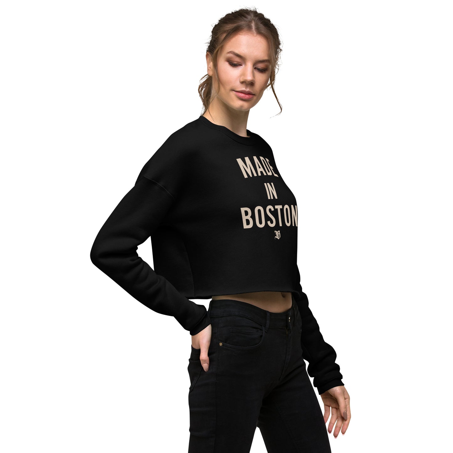 "Made in Boston" crop top, 52% airlume combed and ring-spun cotton, 48% poly fleece, cropped body with raw hem, ribbed crew neckline, and dropped shoulder cut.